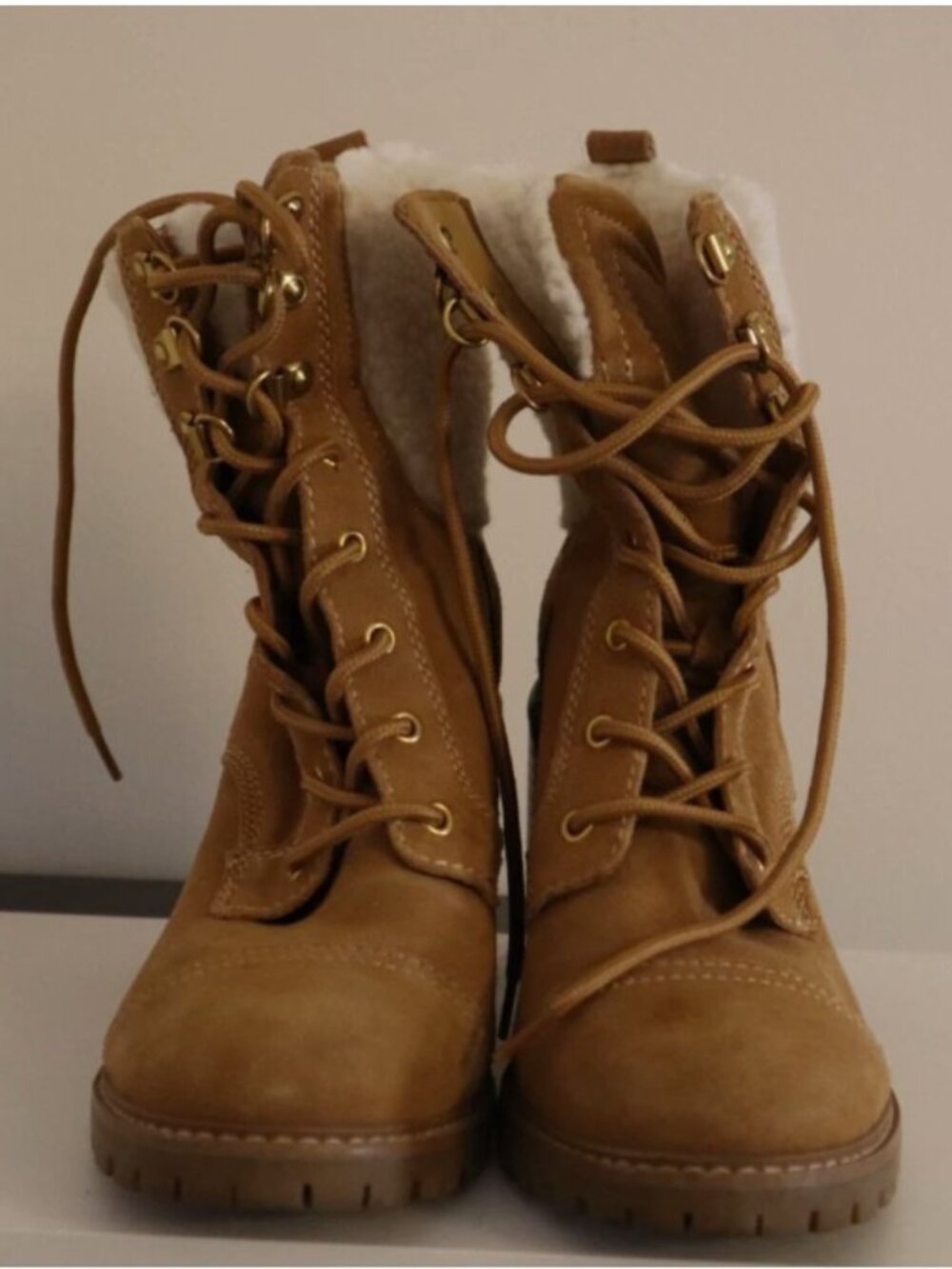 NINE WEST Boots 8 M Phaedra Lace-Up Suede Block High Heel Combat Natural Brown - Picture 11 of 12